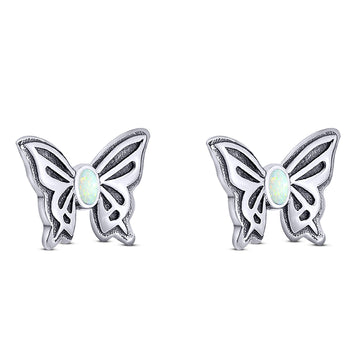 Butterfly Stud Earring Lab Created White Opal Solid 925 Sterling Silver (7mm)